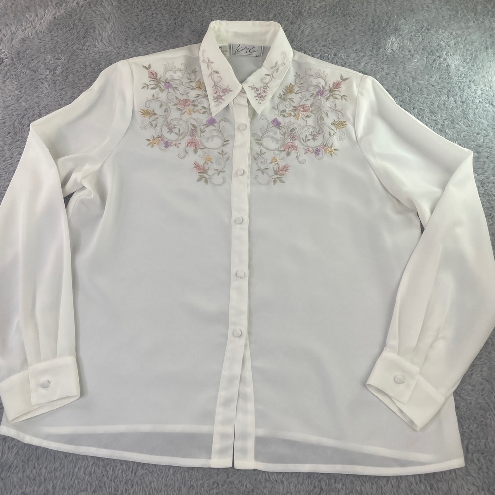 Kathy Che VTG Blouse Womens 14 White Floral Embroidered Button Up Long Sleeve